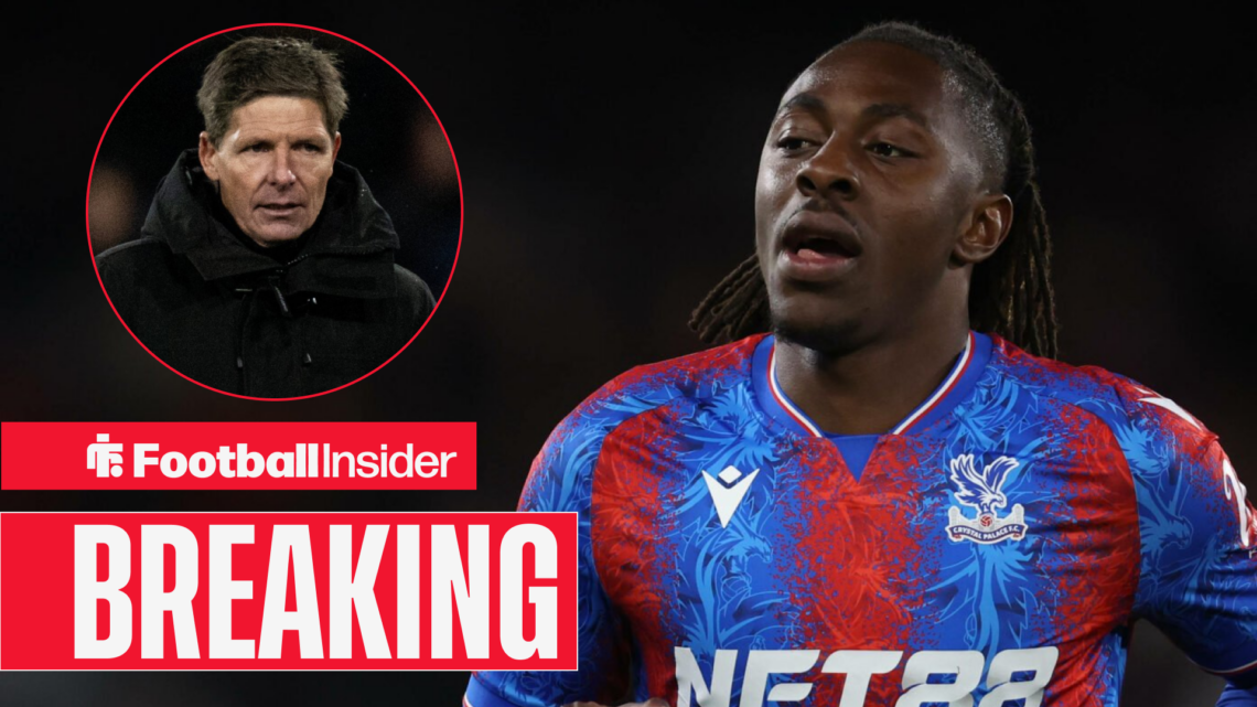 Eberecbi Eze in a Crystal Palace kit, Oliver Glasner in a circular inset
