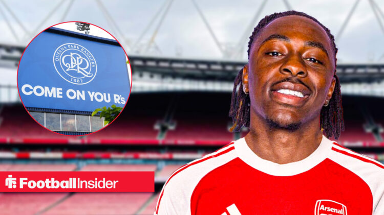 Eberechi Eze smiling in an Arsenal shot with a backdrop of the Emirates Stadium, next to an image of a QPR badge.