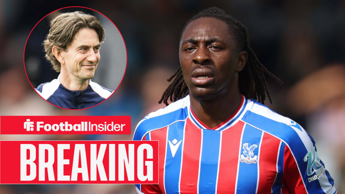 Eberechi Eze playing for Crystal Palace with Thomas Frank included in a circular inset