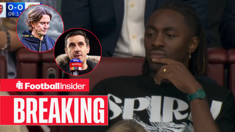 Eberechi Eze at the Emirates Stadium, Thomas Frank and Gary Neville in circular insets
