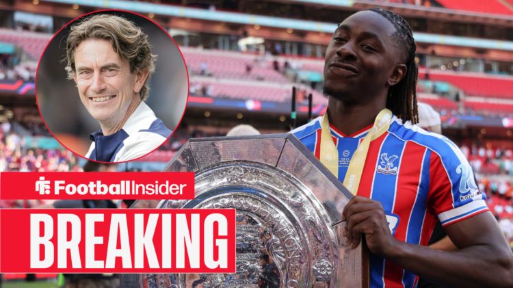 Eberechi Eze holding Community Shield, Thomas Frank smiling in circular inset
