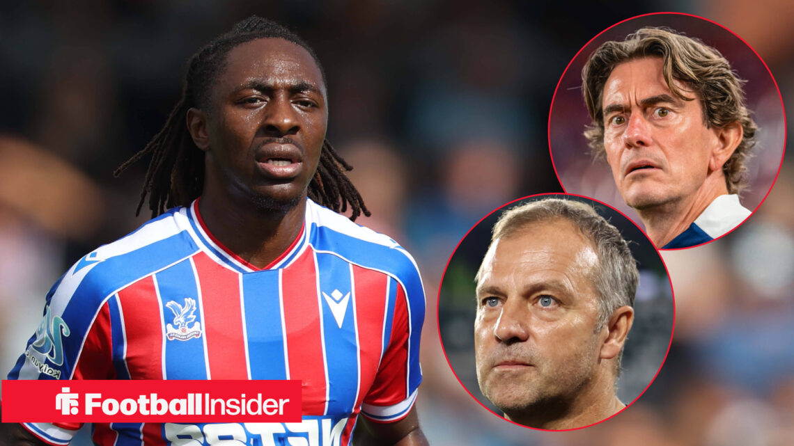 Eberechi Eze in a red and blue Crystal Palace shirt on the left looking at Hansi Flick and Thomas FRank on the right looking focused