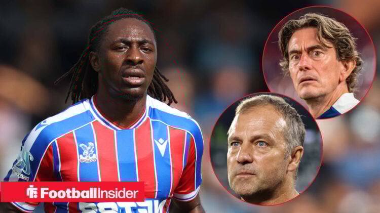 Eberechi Eze in a red and blue Crystal Palace shirt on the left looking at Hansi Flick and Thomas FRank on the right looking focused
