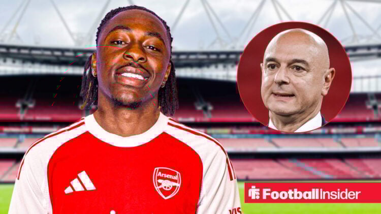 Eberechi Eze in an Arsenal shirt looking happy in front of the Emirates stadium with Daniel Levy on the right looking nervous