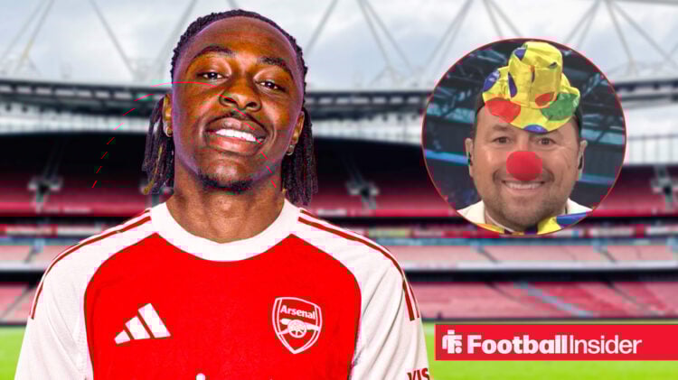 Eberechi Eze shown wearing an Arsenal kit in front of a backdrop of the Emirates Stadium, next to an image of Martin Cundy looking like a clown