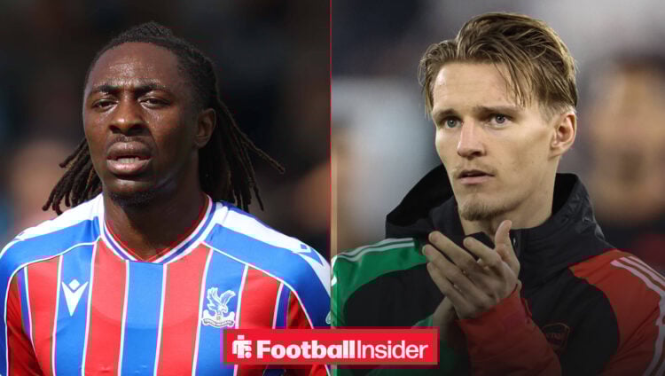 Eberechi Eze on the left in a red and blue Crystal Palace shirt with Martin Odegaard on the right in an Arsenal tracksuit clapping his hands