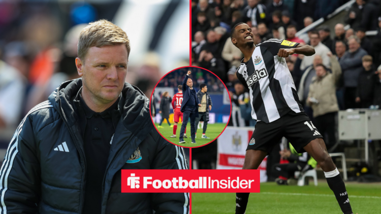 Eddie Howe in a black coat and Alexander Isak in a black and white Newcastle kit, Arne Slot in a black jacket in a circle