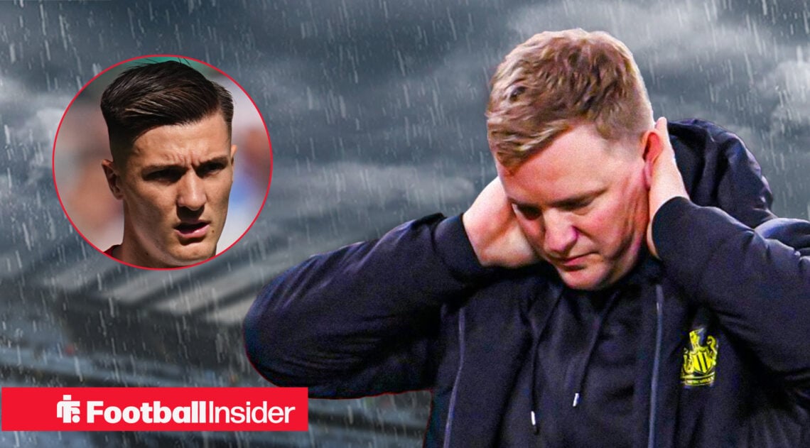 Newcastle United manager Eddie Howe with a gloomy backdrop of St James' Park alongside a head shot of RB Leipzig striker Benjamin Sesko