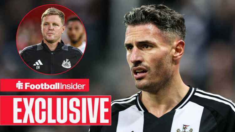Newcastle boss Eddie Howe in a circular frame next to an image of Fabian Schar