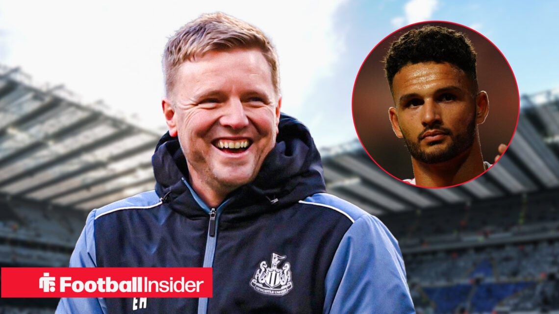 Eddie Howe smiling on the St James' Park touchline with Goncalo Ramos included in a circular inset