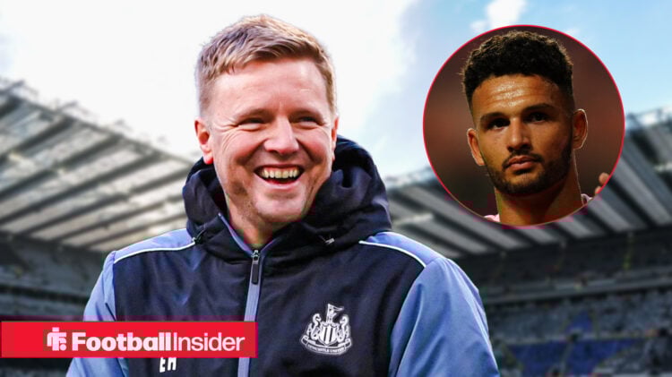 Eddie Howe smiling on the St James' Park touchline with Goncalo Ramos included in a circular inset