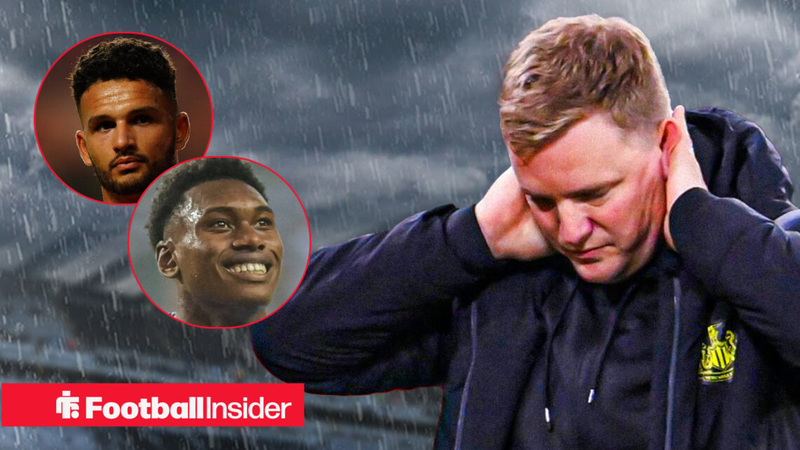 Newcastle manager Eddie Howe in despondent mood, alongside circular insets of Goncalo Ramos and Samu Aghehowa