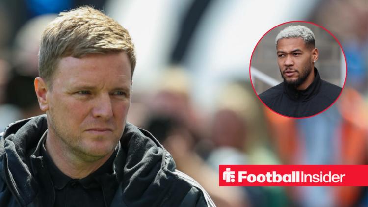 Newcastle manager Eddie Howe alongside a circular inset of Joelinton.