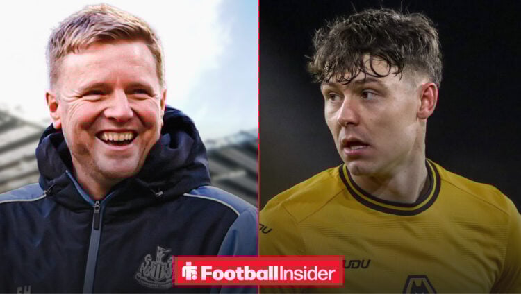 Newcastle boss Eddie Howe smiling next to Wolves striker Jorgen Strand Larsen