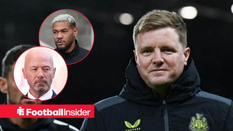 Newcastle manager Eddie Howe smiling with Alan Shearer and Joelinton insets.