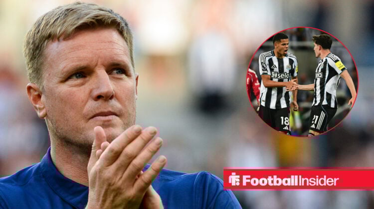 Eddie Howe applauding Newcastle fans next to an image of William Osula and Tino Livramento celebrating a goal.