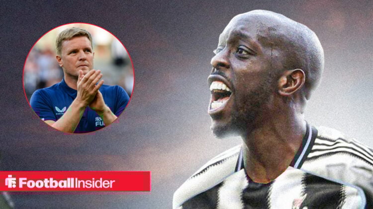 Yoane Wissa wearing a Newcastle shirt, next to an image of Magpies boss Eddie Howe.