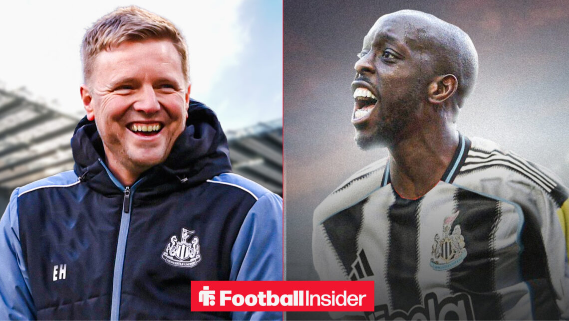 Eddie Howe smiling on the touchline at St James' Park alongside Yoane Wissa in a Newcastle United shirt