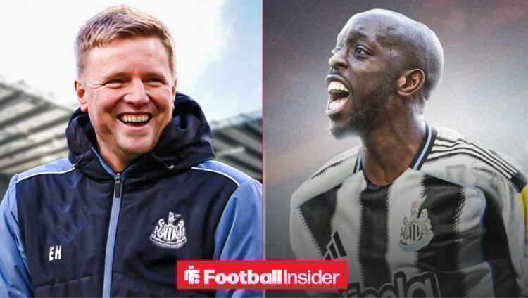 Eddie Howe smiling on the touchline at St James' Park alongside Yoane Wissa in a Newcastle United shirt