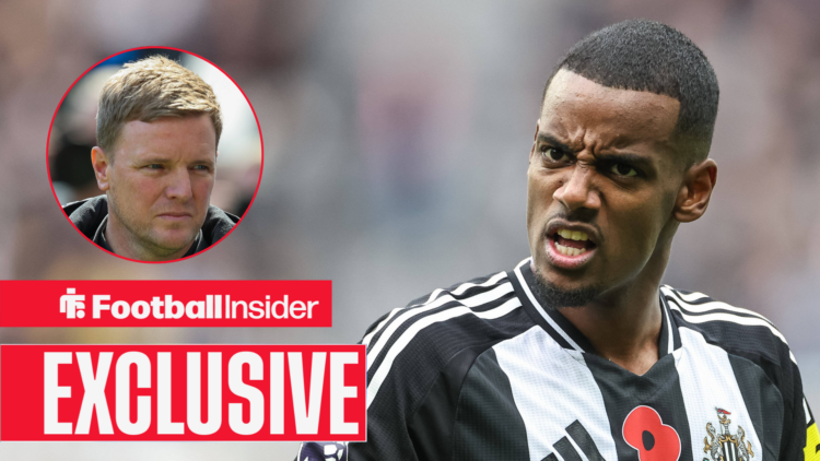 Eddie Howe looking annoyed above an exclusive red and white banner with Alexander Isak looking angry on the right