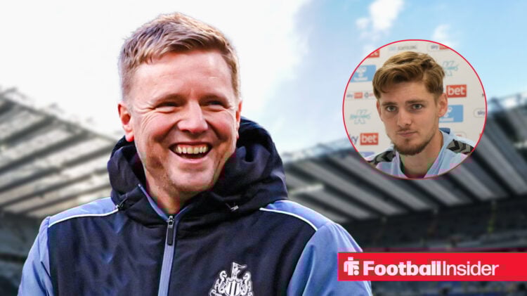 Newcastle boss Eddie Howe smiling, Coventry's Jack Rudoni in a press conference