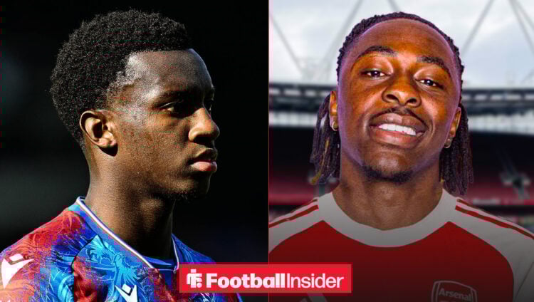 Eddie Nketiah on the left looking serious with Eberechi Eze on the right smiling and looking happy in an Arsenal shirt