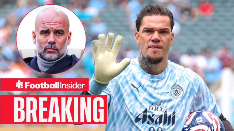 Ederson waves at the camera, with Pep Guardiola pictured in a circular inset