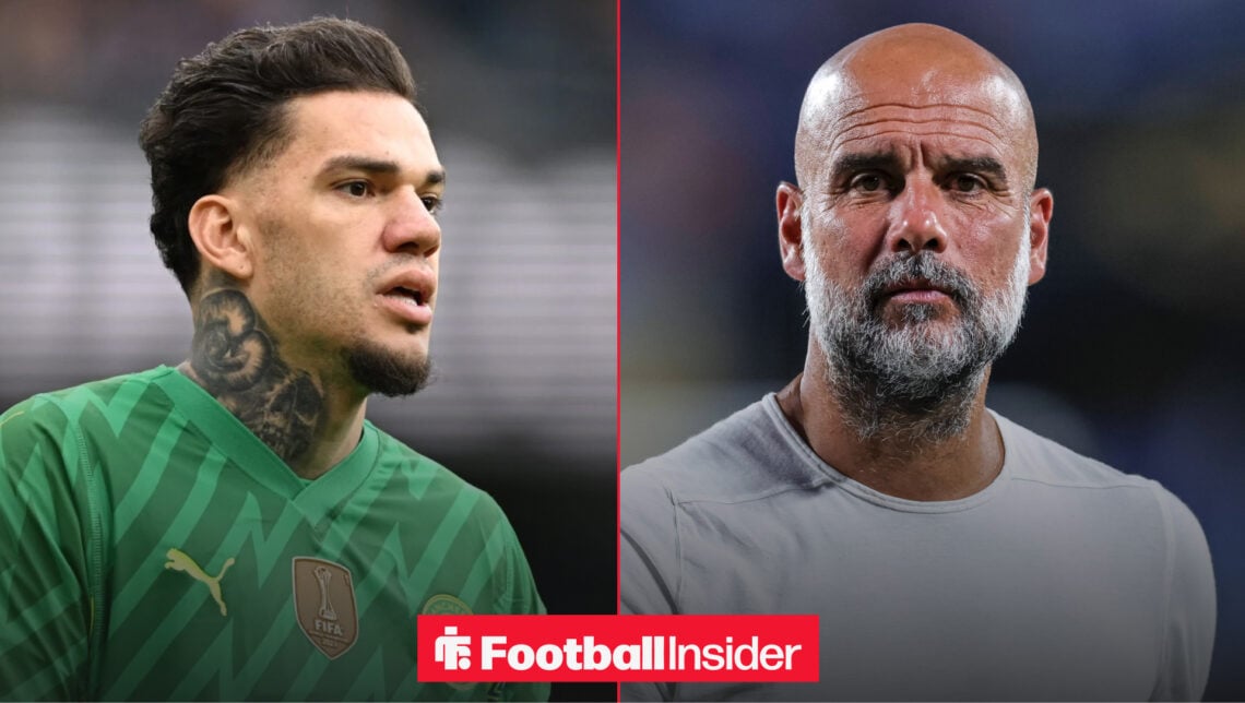 Ederson in a Man City shirt alongside Pep Guardiola looking upset