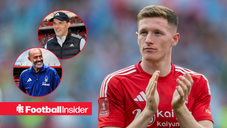 Elliot Anderson clapping at the City Ground, Nuno Espirito Santo and Thomas Tuchel in circular insets