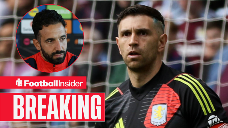 Emiliano Martinez in goal for Aston Villa, with Ruben Amorim pictured in a circular inset
