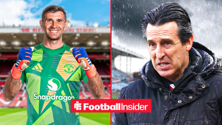Emi Martinez in a Man United shirt next to Aston Villa boss Unai Emery looking worried