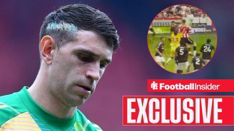 Emi Martinez looking disappointed with dropping ball on right of photo above a red and white EXCLUSIVE banner