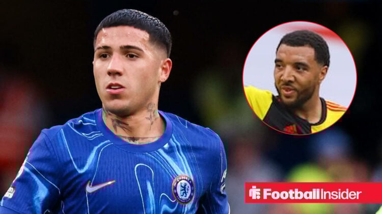 Enzo Fernandez in a Chelsea home shirt next to an image of Troy Deeney in a circle