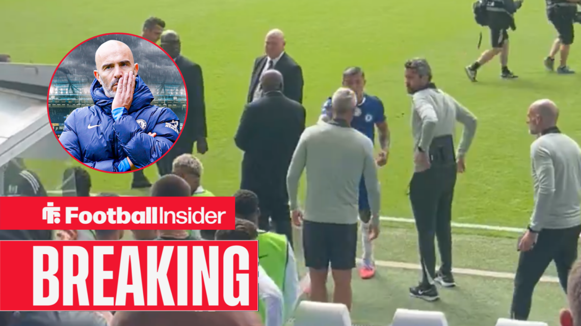 Chelsea's Enzo Fernandez annoyed with coach at half-time vs Fulham, Enzo Maresca looking upset left inset