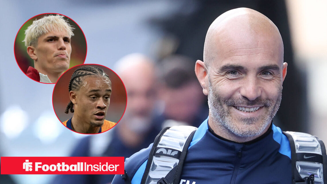 Chelsea manager Enzo Maresca alongside circular insets of Alejandro Garnacho and Xavi Simons.