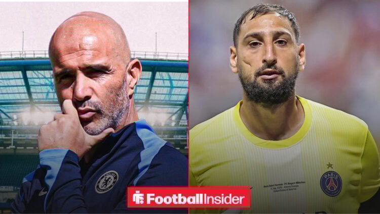 Chelsea boss Enzo Maresca at Stamford Bridge next to Gianluigi Donnarumma in his PSG shirt