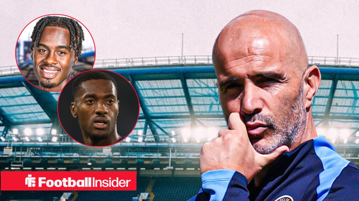 Chelsea manager Enzo Maresca, alongside circular insets of Jamie Gittens and Tosin Adarabioyo.