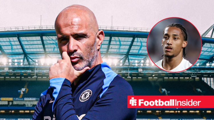 Chelsea manager Enzo Maresca looks confused with hands to his face with striker Joao Pedro right inset in action looking at him