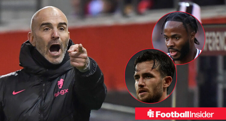 Chelsea manager Enzo Maresca pointing a finger at head shots of Raheem Sterling and Ben Chilwell.