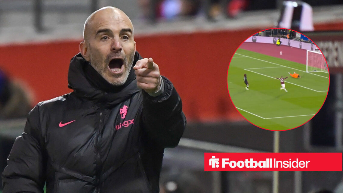Enzo Maresca shouts while pointing during a Chelsea match, next to an image of Robert Sanchez conceding a goal against West Ham