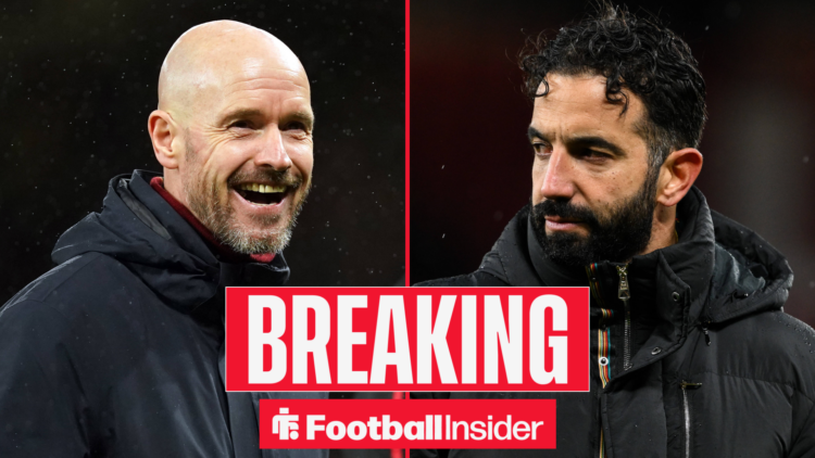 Erik ten Hag laughing, Ruben Amorim scowling, breaking news banner
