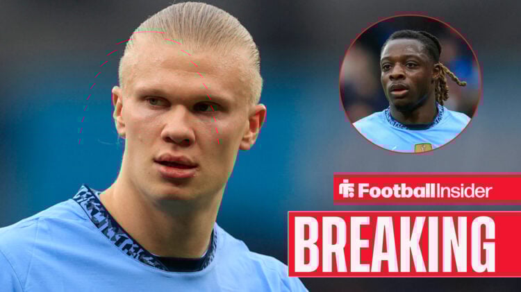 Man City's Erling Haaland looks ahead with concern and teammate Jeremy Doku in action looking at him in circular overlay