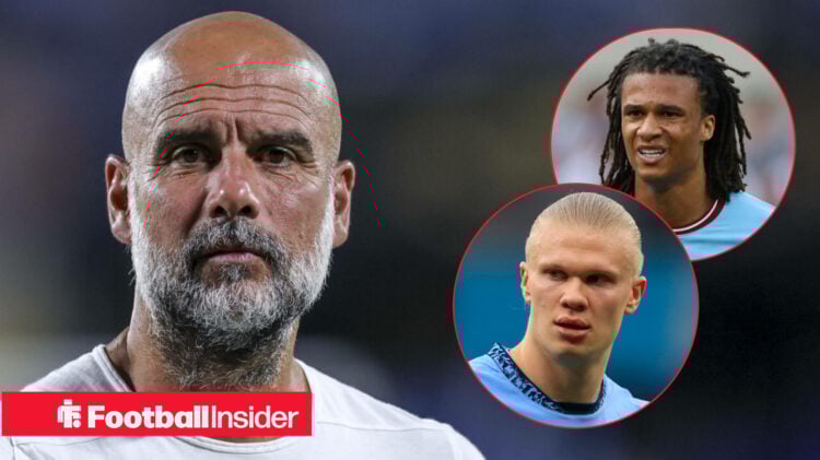 Pep Guardiola with a stern expression with Erling Haaland and Nathan Ake as insets