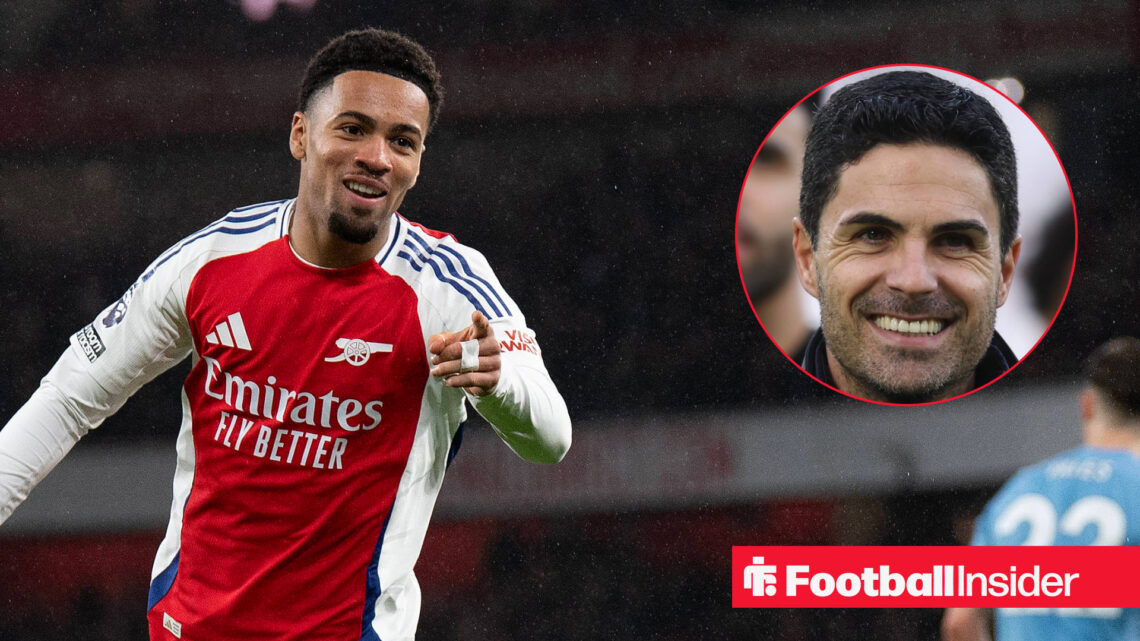 Ethan Nwaneri celebrates a goal alongside a smiling head shot of Arsenal manager Mikel Arteta