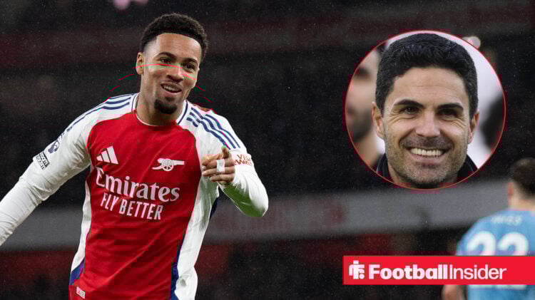 Ethan Nwaneri celebrates a goal alongside a smiling head shot of Arsenal manager Mikel Arteta
