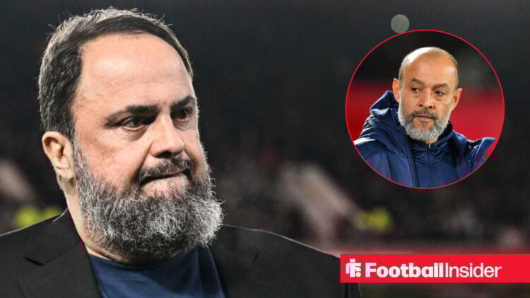 Nuno Espirito Santo in a circular frame within an image of Evangelos Marinakis