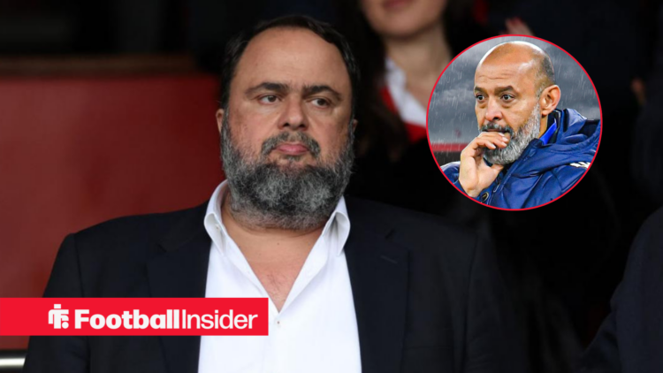 Evangelos Marinakis looking unhappy and Nuno Espirito Santo included in a circular inset