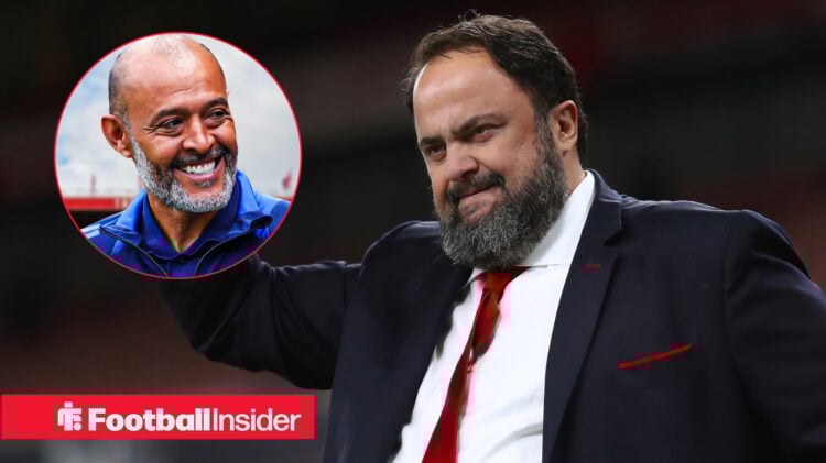 Evangelos Marinakis looking happy with Nuno Espirito Santo included in a circular inset