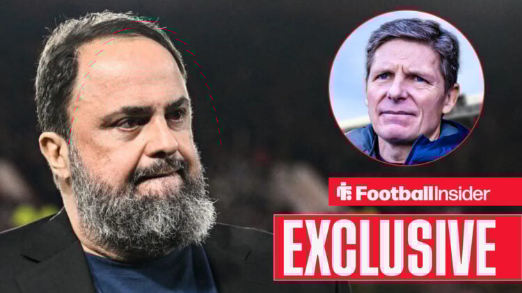 Oliver Glasner in a circular frame within an image of Evangelos Marinakis