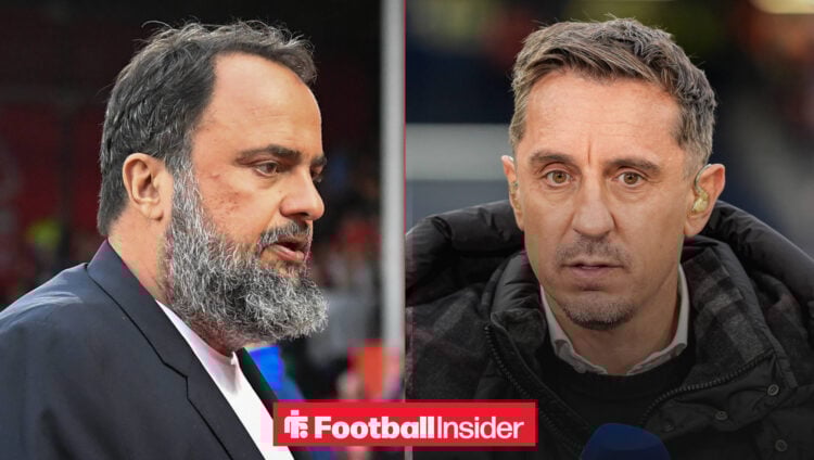 Nottingham Forest owner Evangelos Marinakis looking at Gary Neville on the left with Neville looking concerned